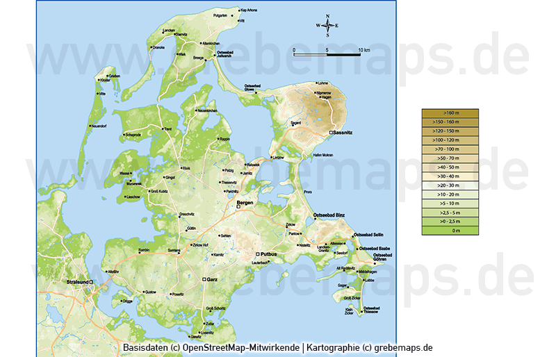 Karte Rügen, Inselkarte Rügen, Karte Rügen Vektor, Karte Rügen Höhenschichten, Karte Rügen physisch, Übersichtskarte Rügen, Karte Rügen für Print