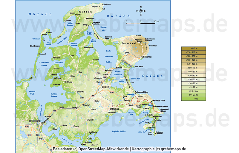 Karte Rügen, Inselkarte Rügen, Karte Rügen Vektor, Karte Rügen Höhenschichten, Karte Rügen physisch, Übersichtskarte Rügen, Karte Rügen für Print