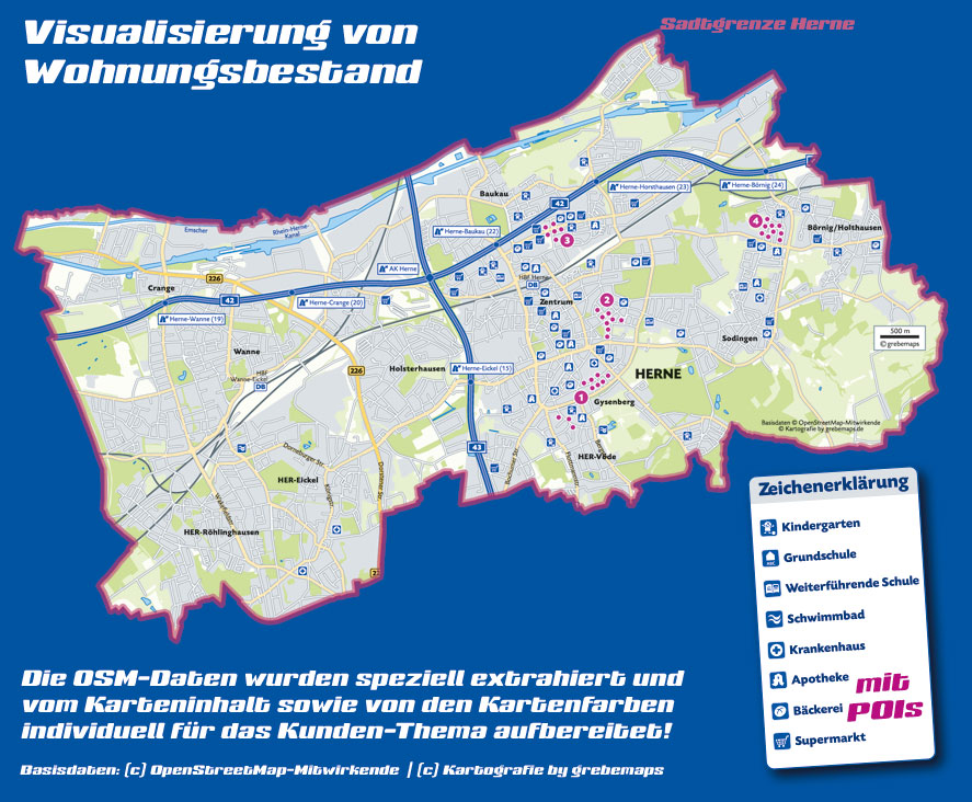 Visualisierung von Wohnungsbestand, Wohnungsbestandskarte, Karte für Immobilien, Desktop Mapping, DesktopMapping, Geo-Analyse, Mapping, Kartographie, thematische Kartografie, Daten-Aufbereitung, Daten-Analyse, Daten-Visualisierung, thematische Karte, Karten, Themakarte, Themakarten, Standort-Visualisierung, Analyse, Desktop, Mapping, Aufbereitung, thematische Kartographie