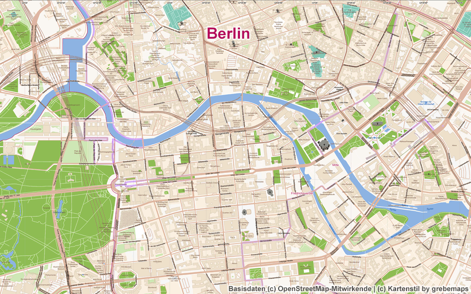 Berlin, Ortsplan erstellen, Stadtplan erstellen, Karte aus OpenStreetMap-Daten erstellen, Freizeitkarte, touristische Karte, Vektor, Vektorgrafik, AI, Illustrator, Kartengrafik, Karte für Grafiker, AI-Datei, Touristik-Karte, Stadtkarte, Landkarte erstellen, Kartografie, Kartographie