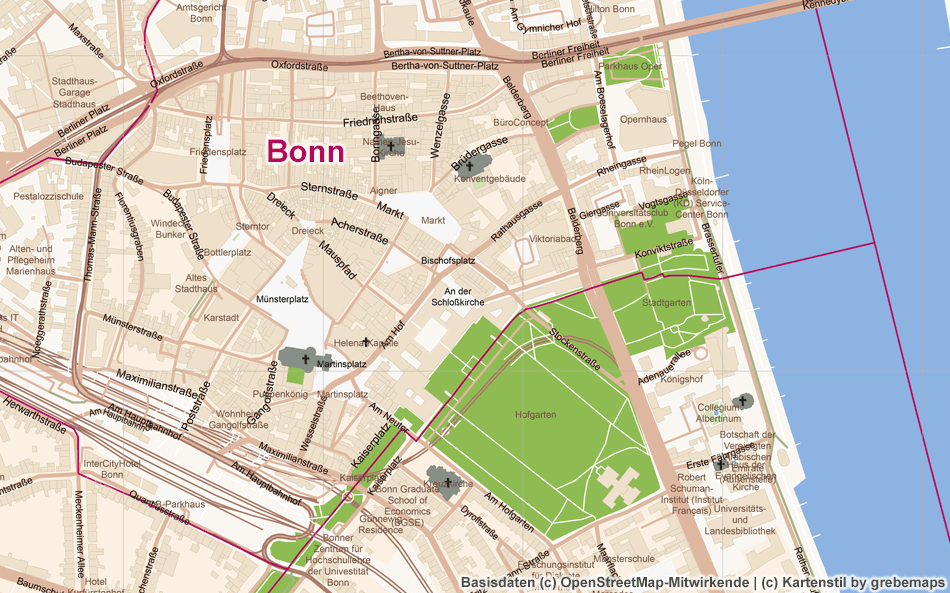 Bonn, Ortsplan erstellen, Stadtplan erstellen, Karte aus OpenStreetMap-Daten erstellen, Freizeitkarte, touristische Karte, Vektor, Vektorgrafik, AI, Illustrator, Kartengrafik, Karte für Grafiker, AI-Datei, Touristik-Karte, Stadtkarte, Landkarte erstellen, Kartografie, Kartographie