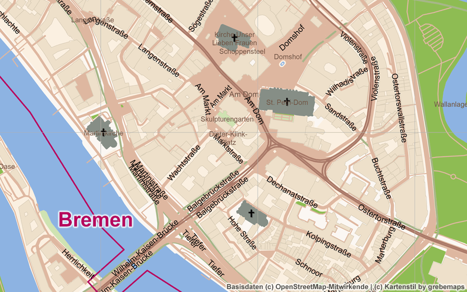 Bremen, Ortsplan erstellen, Stadtplan erstellen, Karte aus OpenStreetMap-Daten erstellen, Freizeitkarte, touristische Karte, Vektor, Vektorgrafik, AI, Illustrator, Kartengrafik, Karte für Grafiker, AI-Datei, Touristik-Karte, Stadtkarte, Landkarte erstellen, Kartografie, Kartographie