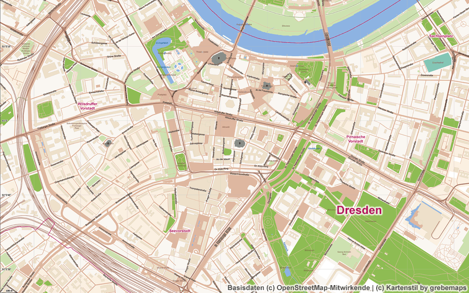 Dresden, Ortsplan erstellen, Stadtplan erstellen, Karte aus OpenStreetMap-Daten erstellen, Freizeitkarte, touristische Karte, Vektor, Vektorgrafik, AI, Illustrator, Kartengrafik, Karte für Grafiker, AI-Datei, Touristik-Karte, Stadtkarte, Landkarte erstellen, Kartografie, Kartographie