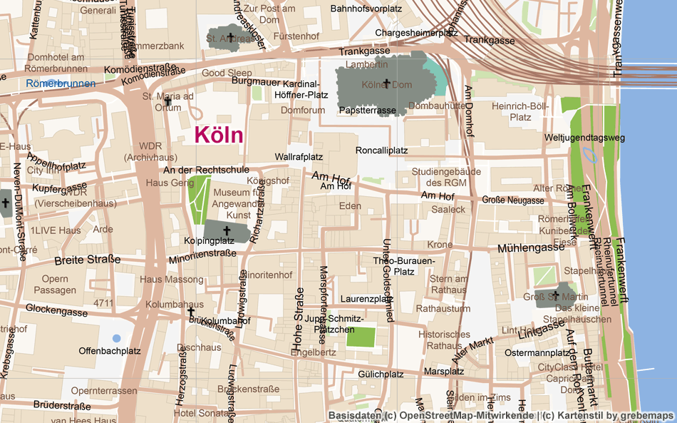 Köln, Ortsplan erstellen, Stadtplan erstellen, Karte aus OpenStreetMap-Daten erstellen, Freizeitkarte, touristische Karte, Vektor, Vektorgrafik, AI, Illustrator, Kartengrafik, Karte für Grafiker, AI-Datei, Touristik-Karte, Stadtkarte, Landkarte erstellen, Kartografie, Kartographie