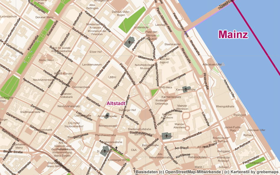 Mainz, Ortsplan erstellen, Stadtplan erstellen, Karte aus OpenStreetMap-Daten erstellen, Freizeitkarte, touristische Karte, Vektor, Vektorgrafik, AI, Illustrator, Kartengrafik, Karte für Grafiker, AI-Datei, Touristik-Karte, Stadtkarte, Landkarte erstellen, Kartografie, Kartographie