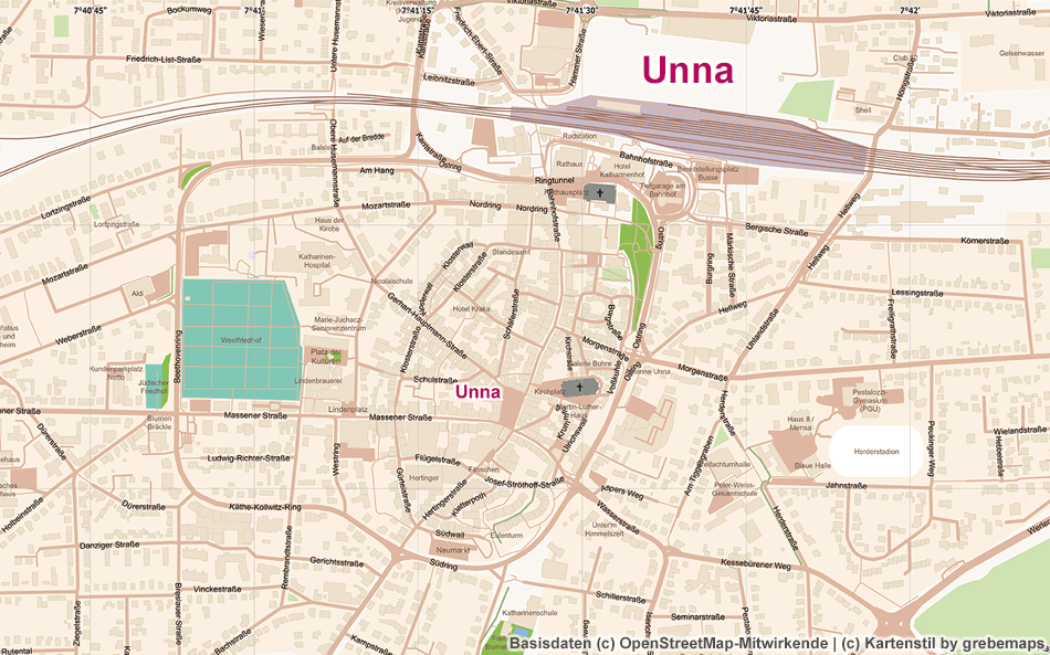 Unna, Ortsplan erstellen, Stadtplan erstellen, Karte aus OpenStreetMap-Daten erstellen, Freizeitkarte, touristische Karte, Vektor, Vektorgrafik, AI, Illustrator, Kartengrafik, Karte für Grafiker, AI-Datei, Touristik-Karte, Stadtkarte, Landkarte erstellen, Kartografie, Kartographie