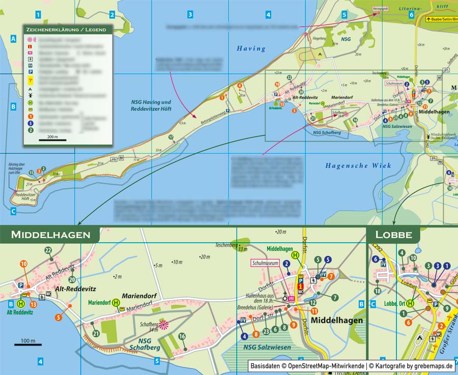 Ortsplan Middelhagen, Ortsplan erstellen, Karte Middelhagen auf Rügen, Vektorkarte, Vektorgrafik, Kartengrafik, Karte aus OpenStreetMap-Daten, Landkarte erstellen, Karte Middelhagen