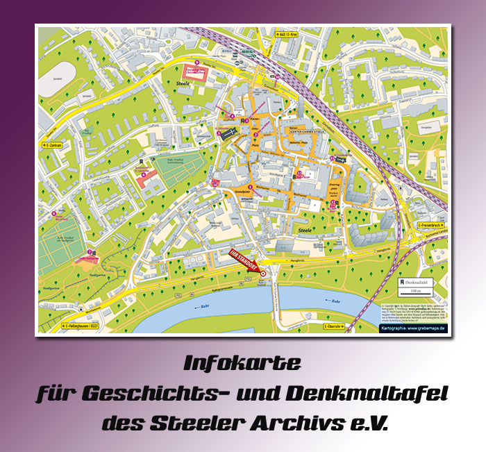 Ortsplan Essen-Steele, Ortsplan Steele, Stadtplan-Ausschnitt, Karte Essen-Steele, Ortsplan erstellen, Stadtplan erstellen, Karte erstellen, Lageplan erstellen, Geschichtstafel, Karte für Denkmaltafel, Infokarte, Standortkarte, historische Karte, Geschichtskarte