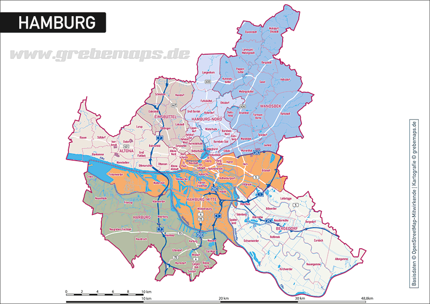 Download Karte Hamburg, Stadtplan Hamburg Übersicht, Stadtkarte Hamburg Übersicht, Stadtgebiet Hamburg Übersicht, Stadtteile, Stadtbezirke