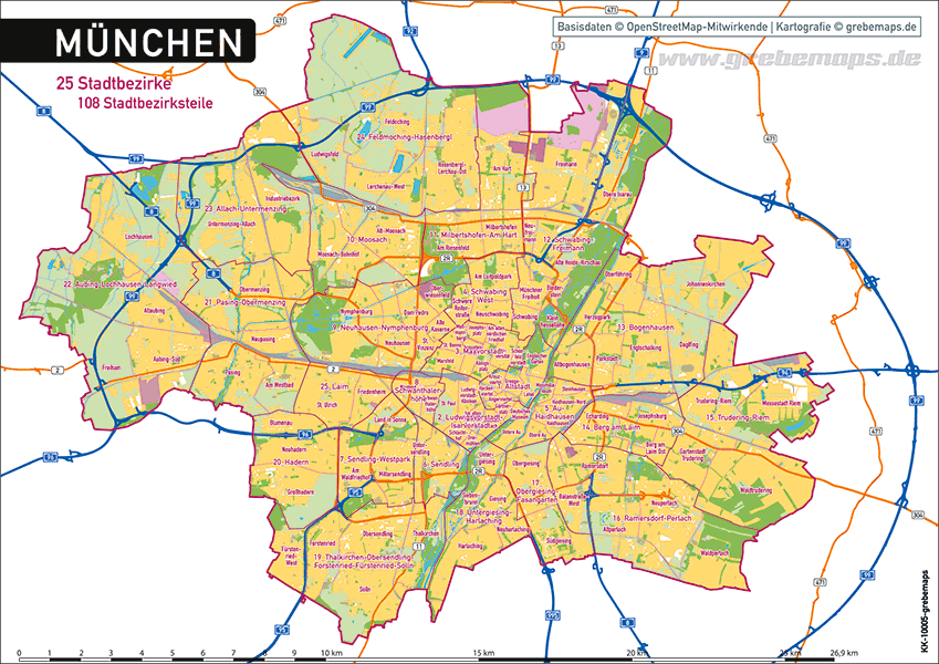 Download Karte München, Stadtplan München Übersicht, Stadtkarte München Übersicht, Stadtgebiet München Übersicht, Stadtteile, Stadtbezirke