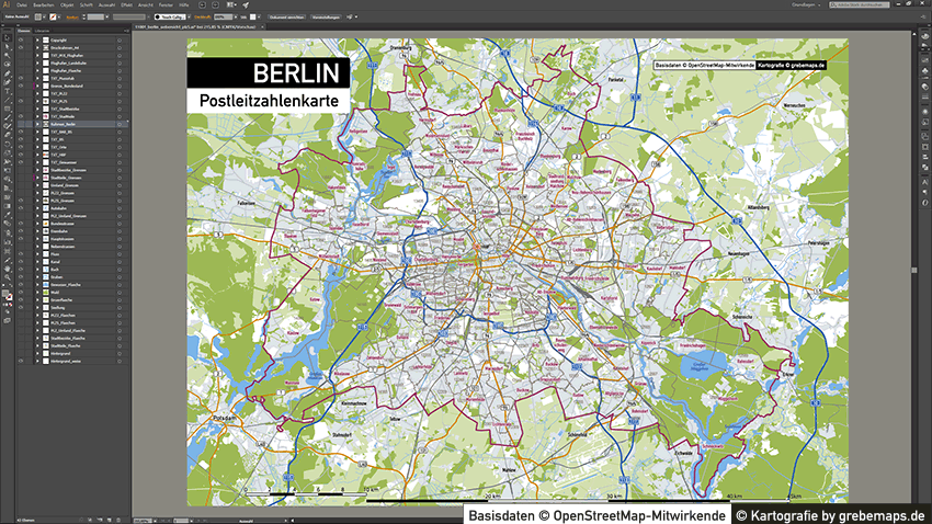 PLZ Karte Berlin, Postleitzahlenkarte Berlin, Berlin Postleitzahlen-Karte, PLZ-5 Karte Vektor Berlin, PLZ Karte Berlin für Illustrator, AI, editierbar, bearbeitbar, download