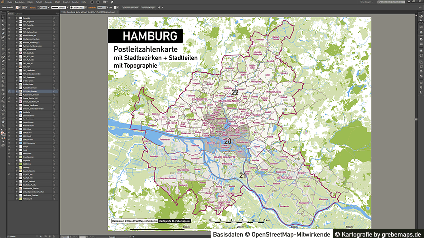 PLZ Karte Hamburg, Postleitzahlenkarte Hamburg, Hamburg Postleitzahlen-Karte, PLZ-5 Karte Vektor Hamburg, PLZ Karte Hamburg für Illustrator, AI, editierbar, bearbeitbar, download
