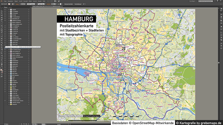 PLZ Karte Hamburg, Postleitzahlenkarte Hamburg, Hamburg Postleitzahlen-Karte, PLZ-5 Karte Vektor Hamburg, PLZ Karte Hamburg für Illustrator, AI, editierbar, bearbeitbar, download