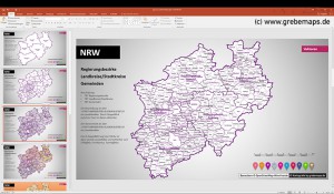 Karte NRW Vektor PowerPoint mit Gemeinden, Landkreisen, Stadtkreisen, Regierungsbezirken, NRW, Karte Nordrhein-Westfalen, PowerPoint