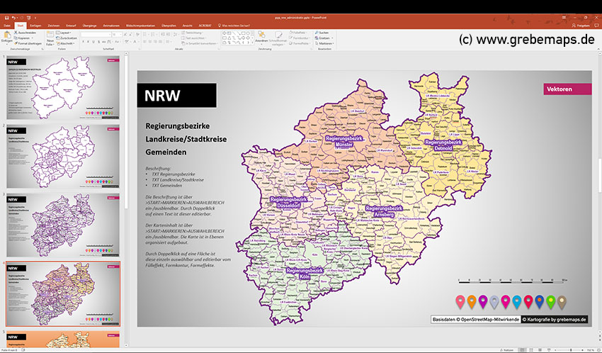 Karte NRW Vektor PowerPoint mit Gemeinden, Landkreisen, Stadtkreisen, Regierungsbezirken, NRW, Karte Nordrhein-Westfalen, PowerPoint