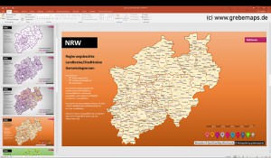 Karte NRW Vektor PowerPoint mit Gemeinden, Landkreisen, Stadtkreisen, Regierungsbezirken, NRW, Karte Nordrhein-Westfalen, PowerPoint