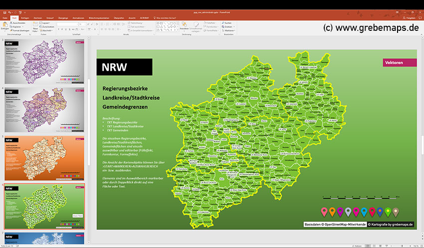 Karte NRW Vektor PowerPoint mit Gemeinden, Landkreisen, Stadtkreisen, Regierungsbezirken, NRW, Karte Nordrhein-Westfalen, PowerPoint