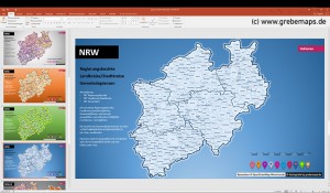 Karte NRW Vektor PowerPoint mit Gemeinden, Landkreisen, Stadtkreisen, Regierungsbezirken, NRW, Karte Nordrhein-Westfalen, PowerPoint