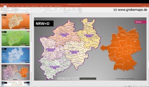 Karte NRW Vektor PowerPoint mit Gemeinden, Landkreisen, Stadtkreisen, Regierungsbezirken, NRW, Karte Nordrhein-Westfalen, PowerPoint