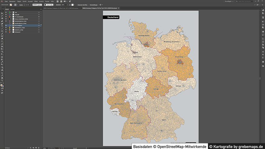 Karte Plz Deutschland, Postleitzahlenkarte Deutschland Vektor, Postleitzahlengebiete Deutschland, Karte Plz 5-stellig Deutschland Vektor für Illustrator