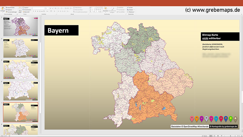 PowerPoint-Karte Bayern Landkreise und Gemeinden, Karte Landkreise und Stadtkreise Bayern, Karte Gemeinden Bayern