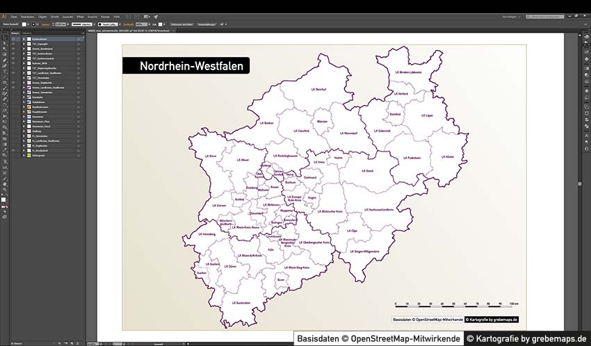 Karte NRW Vektor, Vektor-Karte Nordrhein-Westfalen, Vektor, Illustrator, AI, editierbar, NRW, Nordrhein-Westfalen, Landkreise, Stadtkreise, Gemeinden, Regierungsbezirke, vector map nrw