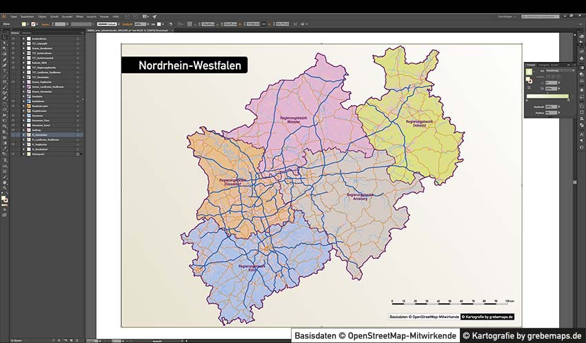 Karte NRW Vektor, Vektor-Karte Nordrhein-Westfalen, Vektor, Illustrator, AI, editierbar, NRW, Nordrhein-Westfalen, Landkreise, Stadtkreise, Gemeinden, Regierungsbezirke, vector map nrw