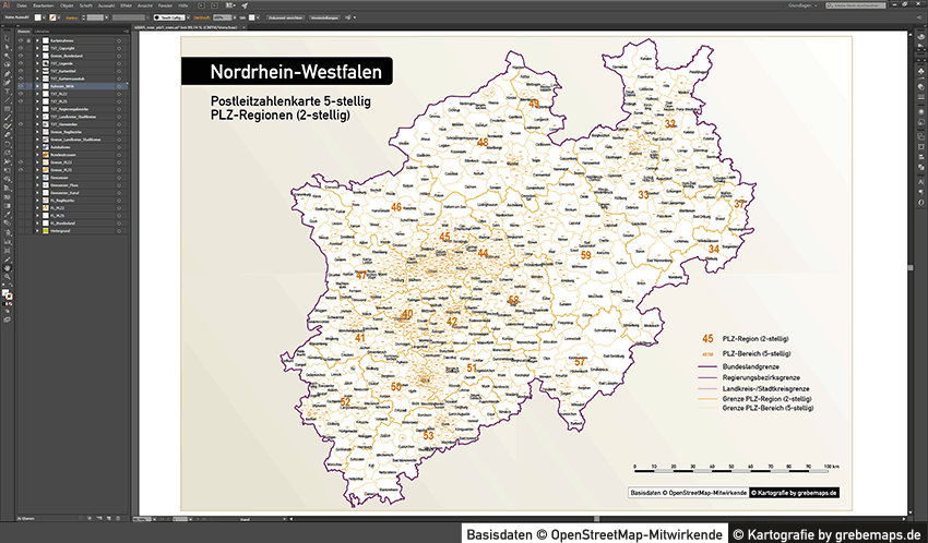 Postleitzahlenkarte NRW Vektor Illustrator AI, PLZ-Karte NRW Vektor, Vektorkarte NRW PLZ, PLZ-5, PLZ-2, Postleitzahlen NRW Karte Vektor, editierbar, bearbeitbar, download, PLZ NRW Karte, Vektorgrafik, vector map nrw plz