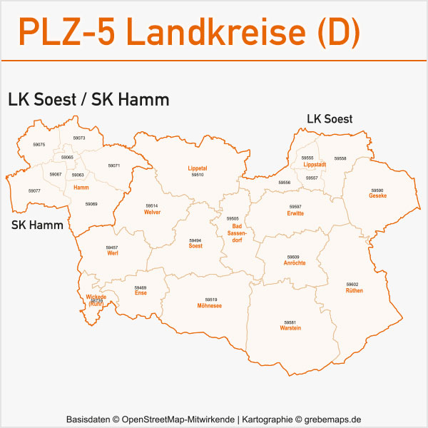 Postleitzahlen-Karten PLZ-5 Vektor Landkreise Deutschland, PLZ-Karte Vektor Landkreise Deutschland, Postleitzahlen-Karte zu einzelnen Landkreisen in Deutschland Landkreis Soest