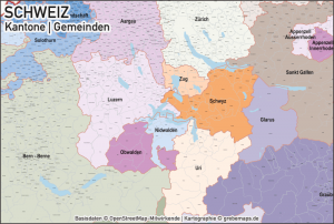 Länderkarten - Europakarten, Karte Schweiz Kantone Gemeinden Seen, Vektorkarte Schweiz Kantone Gemeinden, Karte Vektor Schweiz Kantone Gemeinden