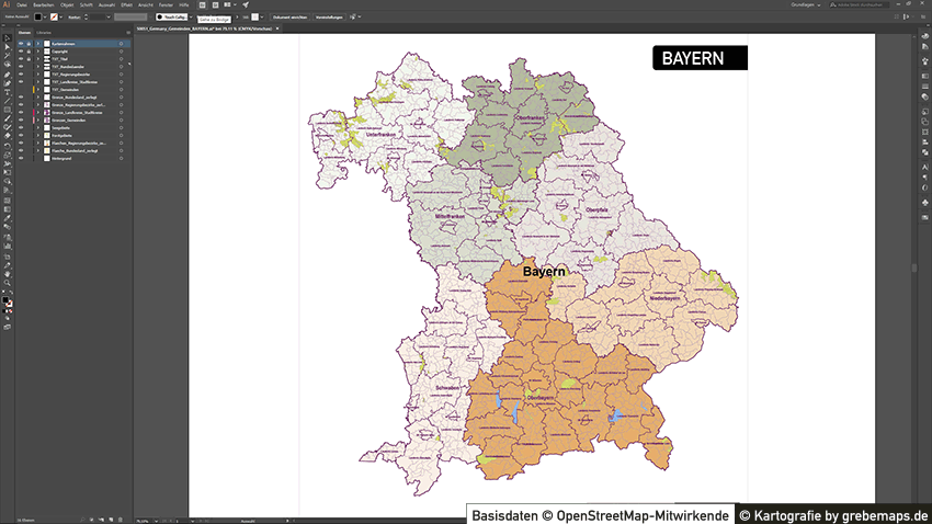 Bayern Vektorkarte Gemeinden Landkreise Regierungsbezirke, Karte Gemeinden und Landkreise Bayern Vektor, Landkarte Bayern Landkreise, Landkarte Bayern Gemeinden, Landkreise Bayern Karte