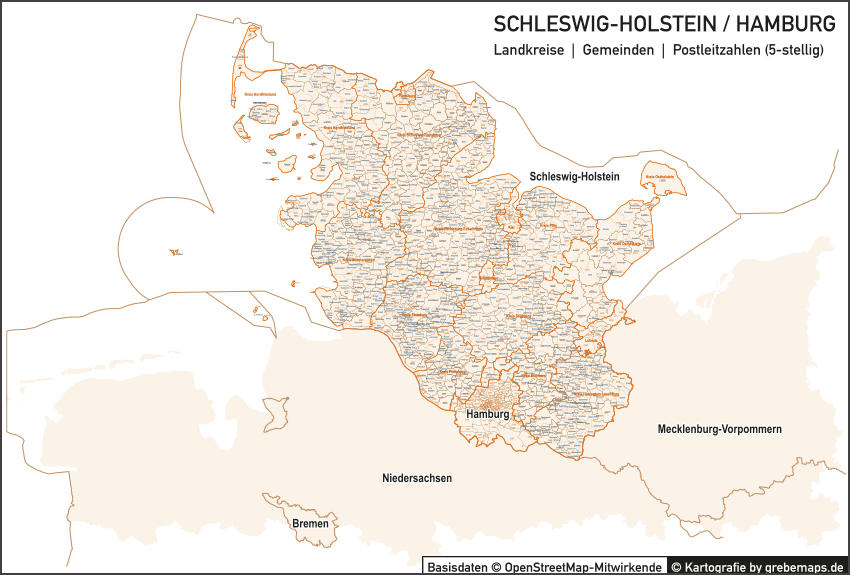 Schleswig-Holstein / Hamburg Vektorkarte Landkreise Gemeinden PLZ-5, Postleitzahlenkarte Schleswig-Holstein, Gemeindegrenzen-Karte Schleswig-Holstein, Karte Landkreise Schleswig-Holstein