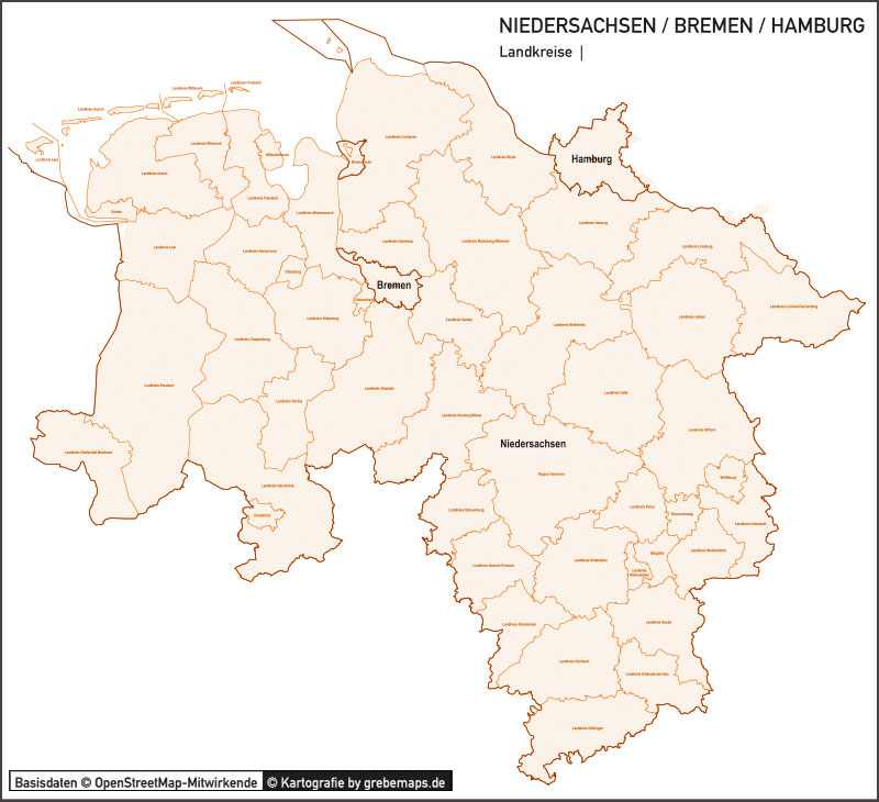 Niedersachsen / Bremen / Hamburg Vektorkarte Landkreise Gemeinden PLZ-5, PLZ-Karte Niedersachsen, Karte Gemeinden Niedersachsen, Karte Landkreise Niedersachsen, Vektorkarte Niedersachsen