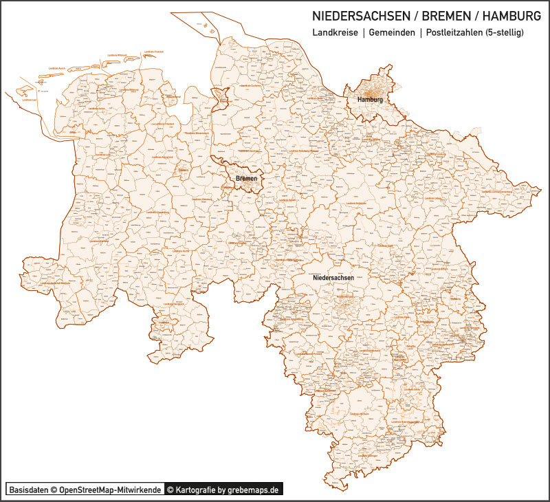 Niedersachsen / Bremen / Hamburg Vektorkarte Landkreise Gemeinden PLZ-5, PLZ-Karte Niedersachsen, Karte Gemeinden Niedersachsen, Karte Landkreise Niedersachsen, Vektorkarte Niedersachsen