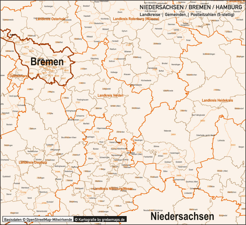 Niedersachsen / Bremen / Hamburg Vektorkarte Landkreise Gemeinden PLZ-5, PLZ-Karte Niedersachsen, Karte Gemeinden Niedersachsen, Karte Landkreise Niedersachsen, Vektorkarte Niedersachsen