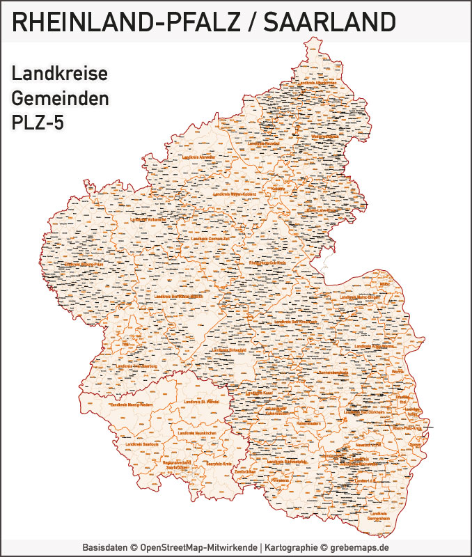 Rheinland-Pfalz Saarland Vektorkarte Landkreise Gemeinden PLZ-5, Karte PLZ, Vektorkarte Rheinland-Pfalz, Karte Vektor, AI