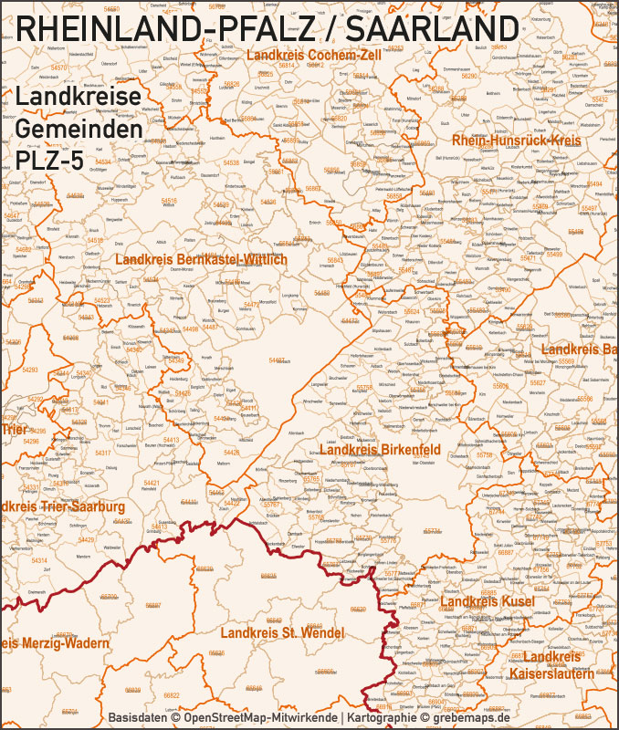 Rheinland-Pfalz Saarland Vektorkarte Landkreise Gemeinden PLZ-5, Karte PLZ, Vektorkarte Rheinland-Pfalz, Karte Vektor, AI