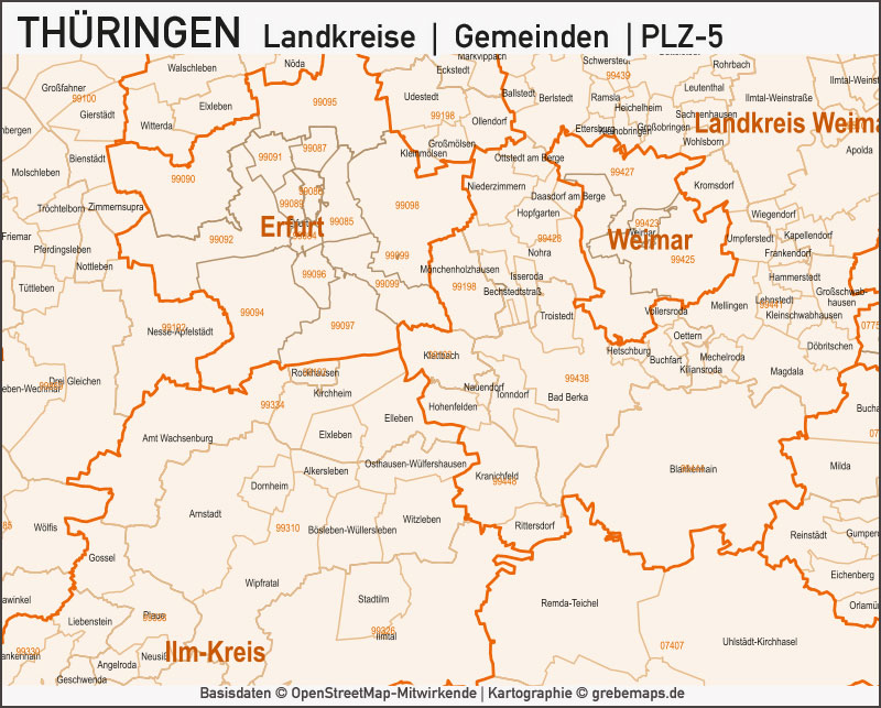 Karte Thüringen Vektor Gemeinden Landkreise Postleitzahlen, Thüringen Vektorkarte Landkreise Gemeinden PLZ-5