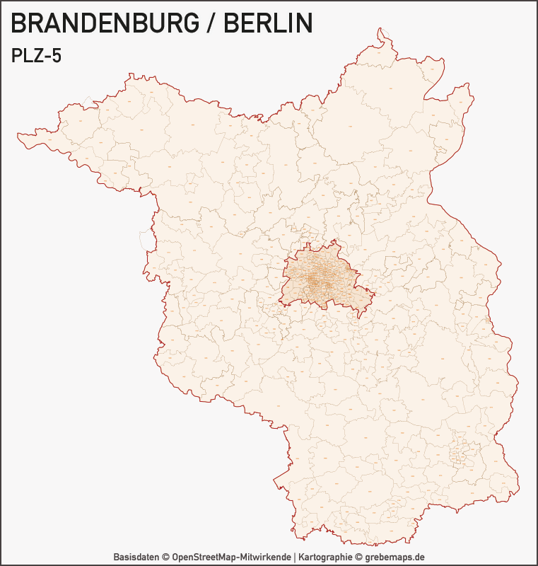 Brandenburg Berlin Vektorkarte Landkreise Gemeinden PLZ-5, Karte Landkreise, Karte Gemeinden, Karte Postleitzahlen 5-stellig, Karte Vektor, Illustrator, AI