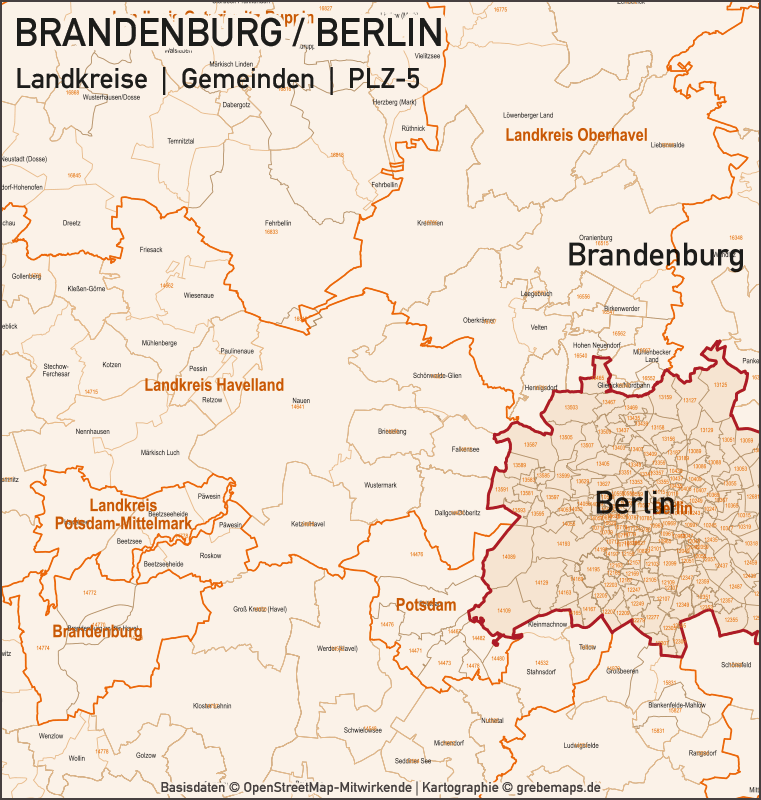 Brandenburg Berlin Vektorkarte Landkreise Gemeinden PLZ-5, Karte Landkreise, Karte Gemeinden, Karte Postleitzahlen 5-stellig, Karte Vektor, Illustrator, AI