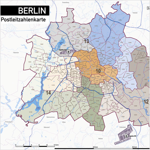 Berlin Stadtplan Postleitzahlen PLZ-5 Topographie Stadtbezirke Stadtteile, Postleitzahlenkarte Berlin, PLZ Karte Berlin, PLZ5 Vektor Karte Berlin, PLZ-5 Karte Berlin für Illustrator, Vektorkarte PLZ Berlin