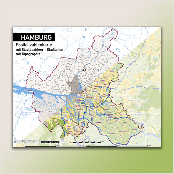 Karte Hamburg Stadtplan Postleitzahlen PLZ-5 Topographie Stadtbezirke Stadtteile Vektorkarte