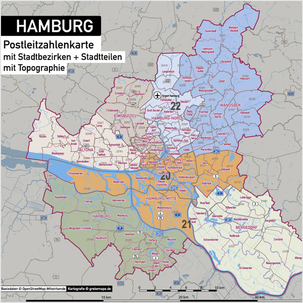 Hamburg Stadtplan Postleitzahlen PLZ-5 Topographie Stadtbezirke Stadtteile Vektorkarte, Postleitzahlenkarte Hamburg, PLZ Karte Hamburg, PLZ5 Vektor Karte Hamburg, PLZ-5 Karte Hamburg für Illustrator, Vektorkarte PLZ Hamburg