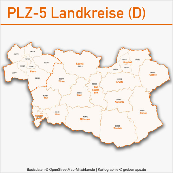 PLZ-5-Vektor-Karten Landkreise Deutschland, Vektorkarte Landkreise Deutschland, Landkreiskarten mit Gemeinden und Postleitzahlen, PLZ-Karte Landkreise, PLZ-Karte