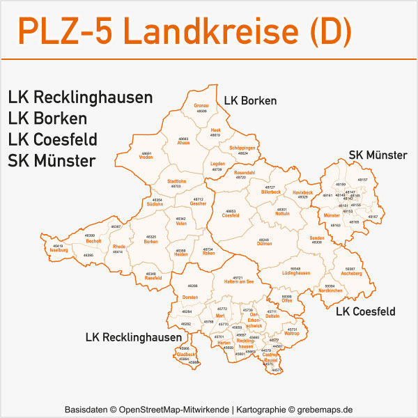 Postleitzahlen-Karten PLZ-5 Vektor Landkreise Deutschland, PLZ-Karte Vektor Landkreise Deutschland, Postleitzahlen-Karte zu einzelnen Landkreisen in Deutschland Landkreis Borken Coesfeld Recklinghausen