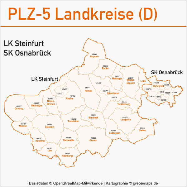 Postleitzahlen-Karten PLZ-5 Vektor Landkreise Deutschland, PLZ-Karte Vektor Landkreise Deutschland, Postleitzahlen-Karte zu einzelnen Landkreisen in Deutschland Landkreis Steinfurt