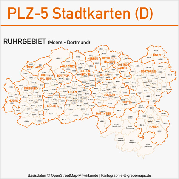 Karte Ruhrgebiet Postleitzahlen Gemeinden, Vektorkarte Ruhrgebiet, Vektor Karte Ruhrgebiet, PLZ-Karte Ruhrgebiet, Karte Gemeinden Ruhrgebiet Vektor, Vektordaten, AI, Datei, download