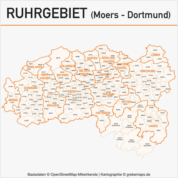 Karte Ruhrgebiet Postleitzahlen Gemeinden, Vektorkarte Ruhrgebiet, Vektor Karte Ruhrgebiet, PLZ-Karte Ruhrgebiet, Karte Gemeinden Ruhrgebiet Vektor, Vektordaten, AI, Datei, download