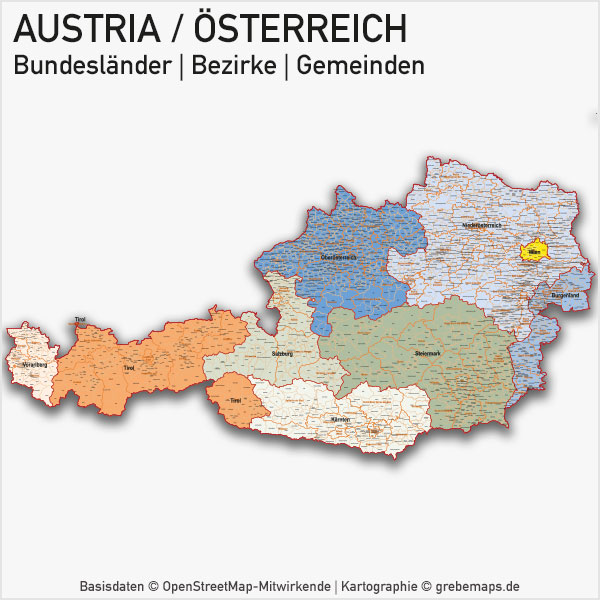 Austria Österreich Vektorkarte Bundesländer Bezirke Gemeinden