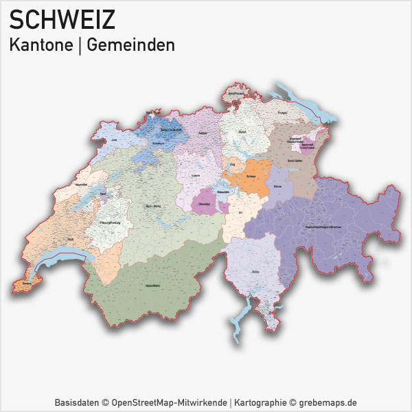 Schweiz Vektorkarte Kantone Gemeinden, Karte für Illustrator, Vektor, Illustrator, AI, Datei, Kartengrafik, Vektorgrafik, Grenzlinienkarte Schweiz